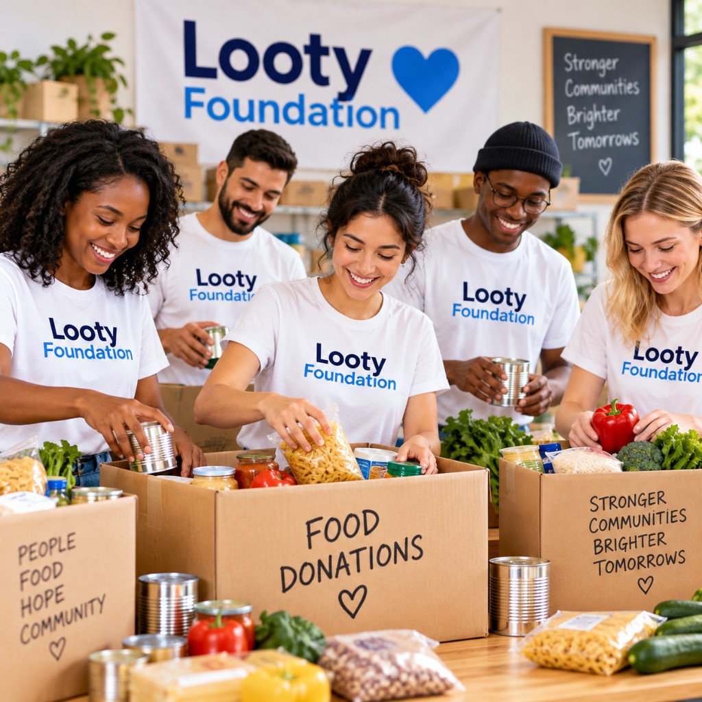 Volunteers packing food donations for Looty Foundation