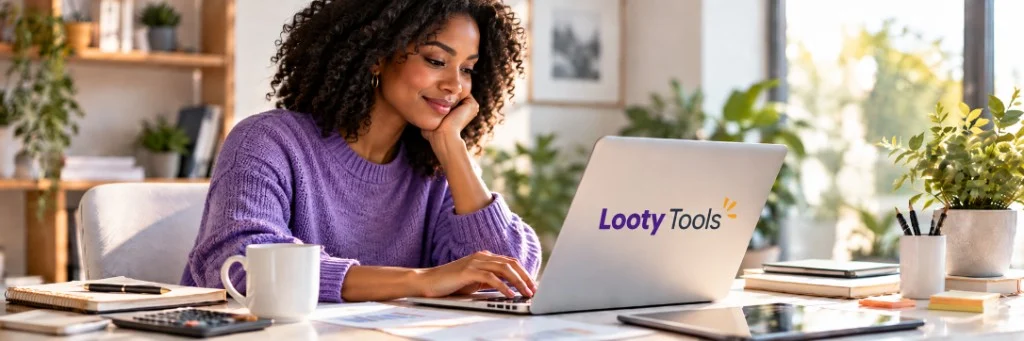 A woman working at a laptop that displays Looty Tools