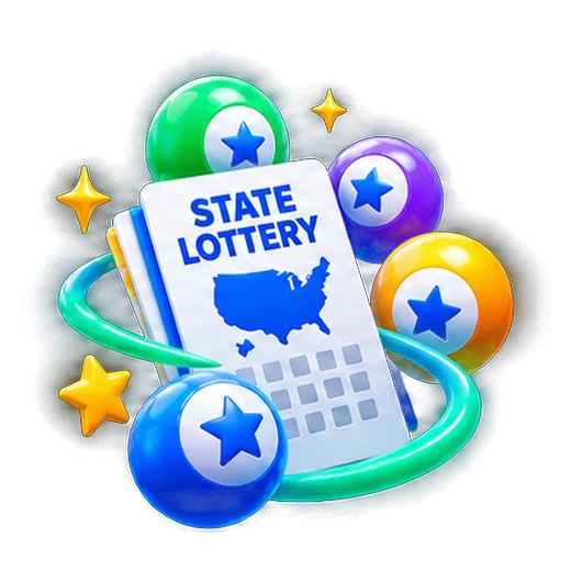A state lottery ticket surrounded by numbered balls